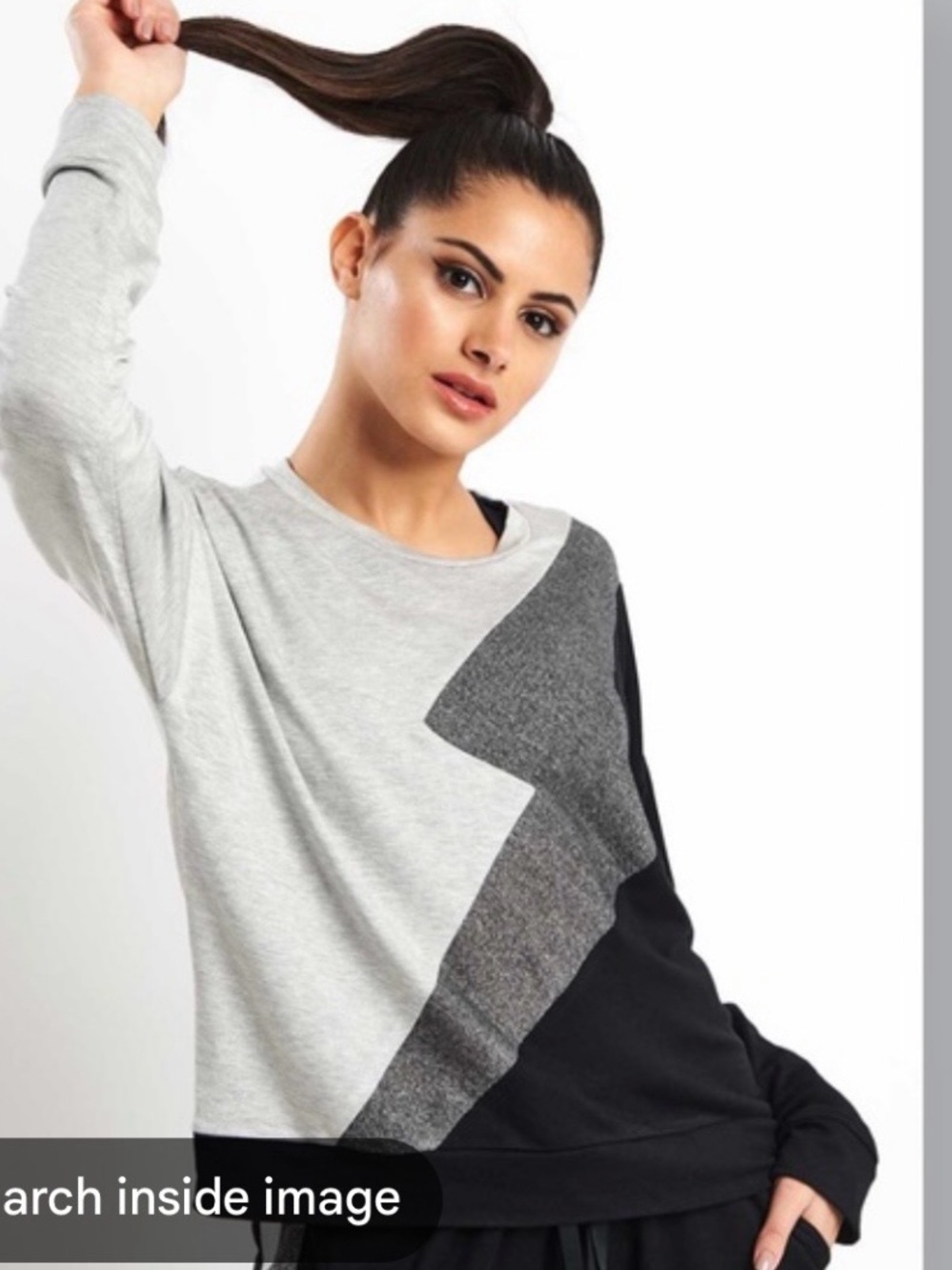 Terez Grey and Black Diagonal Colorblock Crewneck Sweater